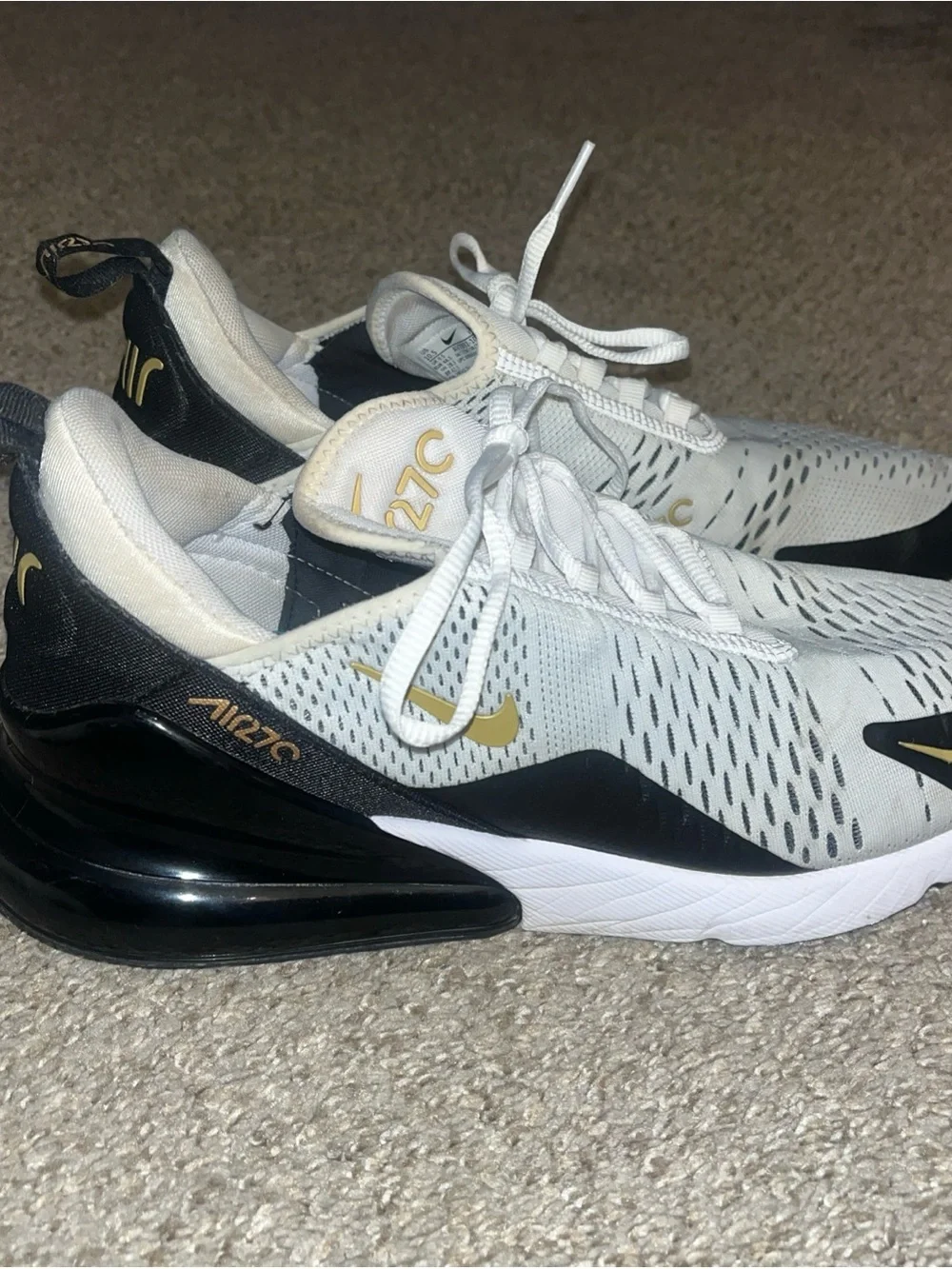 Nike Air Max 270 White Metallic Gold Black Mens 10.5 Shoes AV7892-100 Very Clean